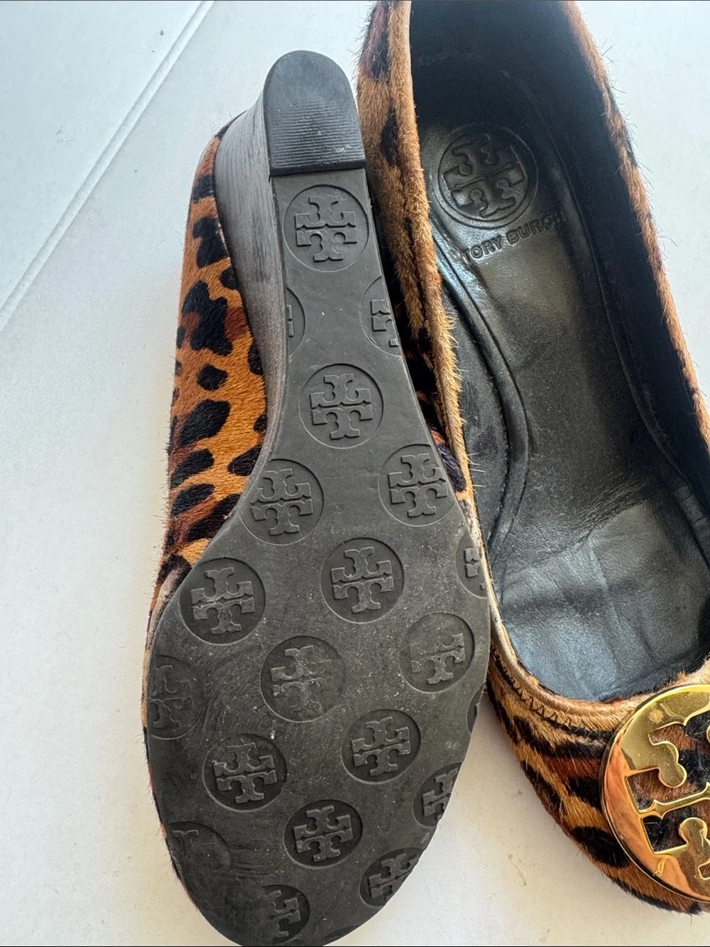 Tory Burch Leopard Calf-Hair Flats with Gold Logo Medallion